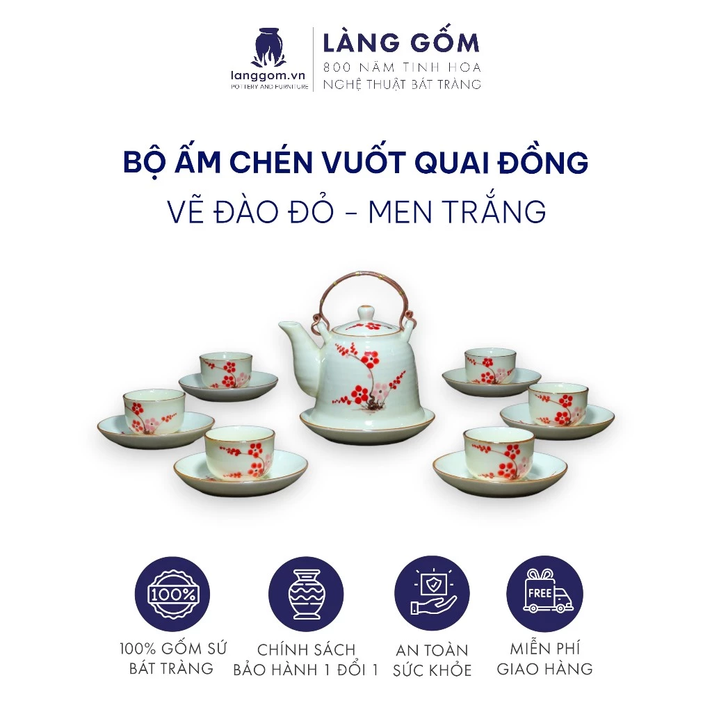 ベトナム バッチャン焼き 高級白釉 銅取っ手 桃絵柄 ティーセット 7点セット - LÀNG GỐM