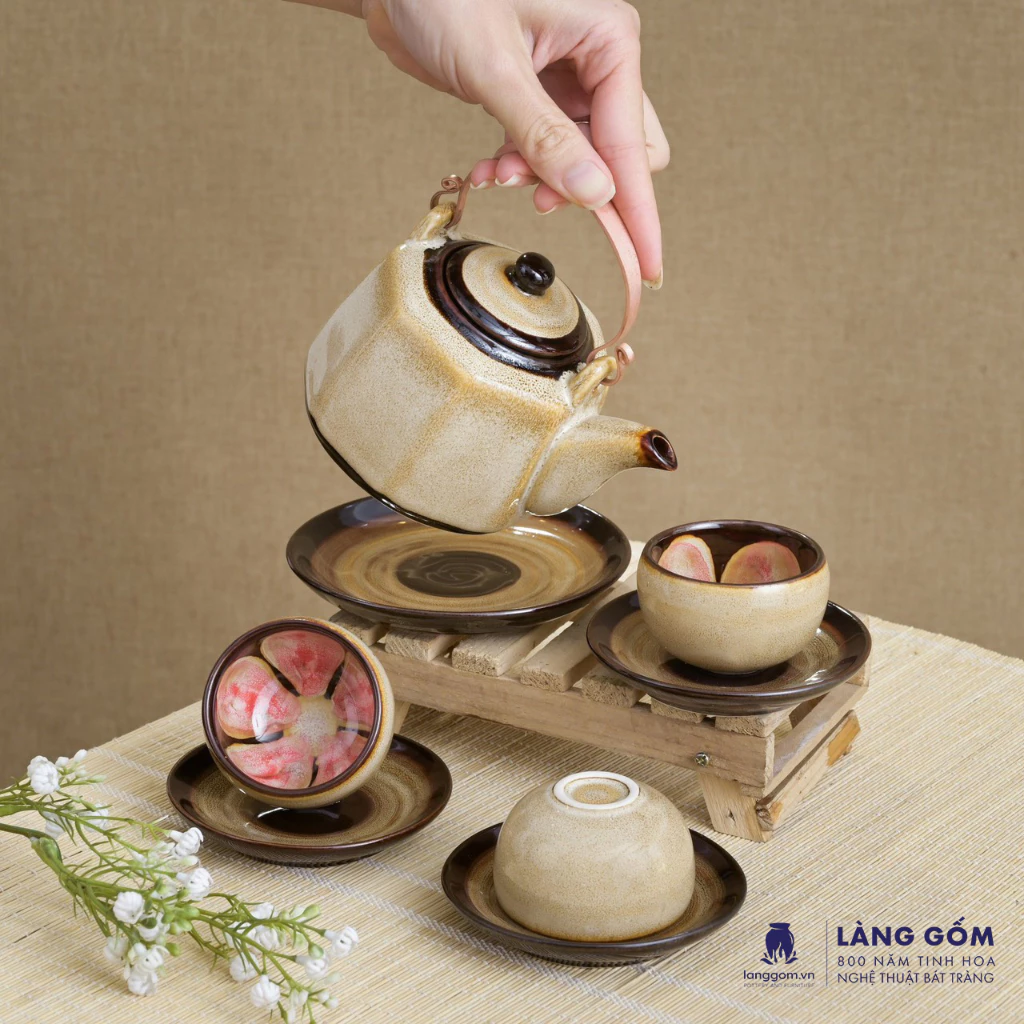 バッチャン陶器 高級窯変釉茶器セット 八角形デザイン エレガント 320ml - LÀNG GỐM
