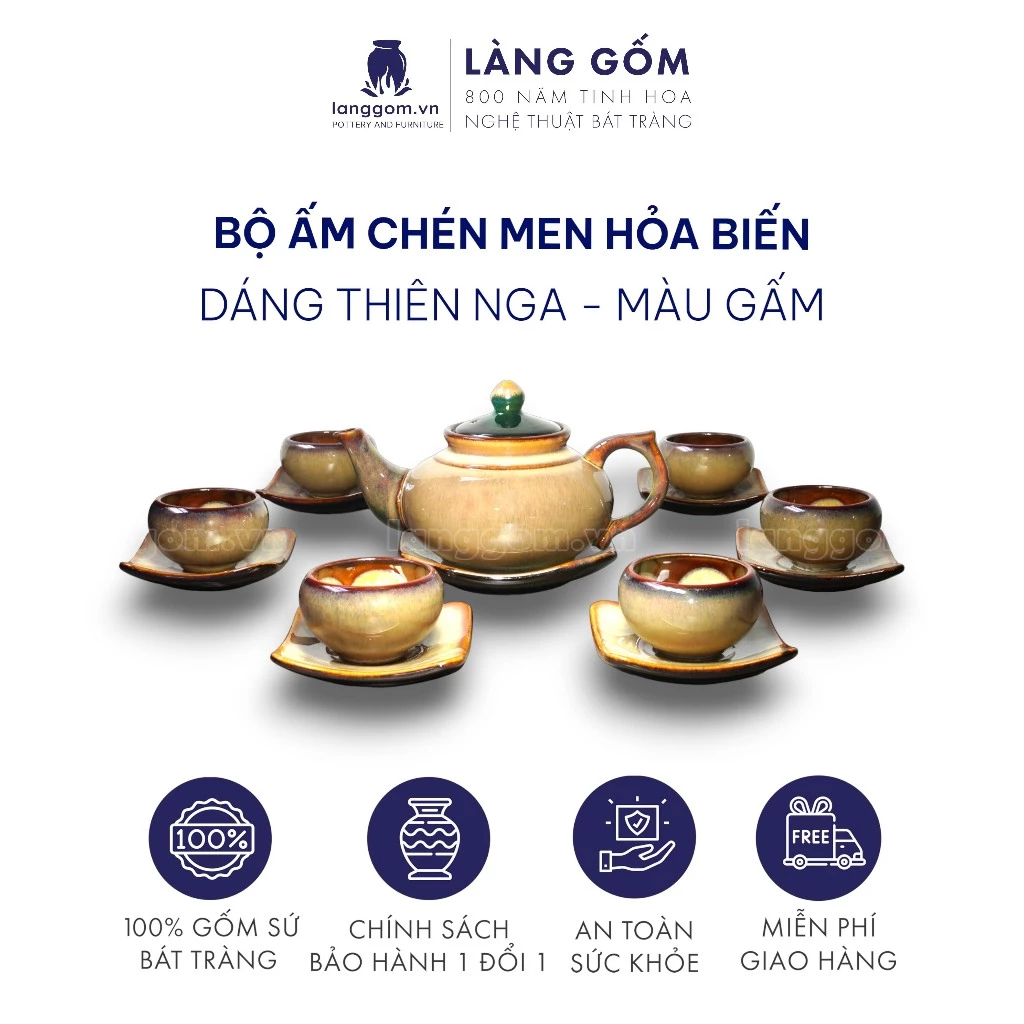 バッチャン高級陶器『窯変白鳥ティーセット』花模様カップ付き (M) - Làng Gốm