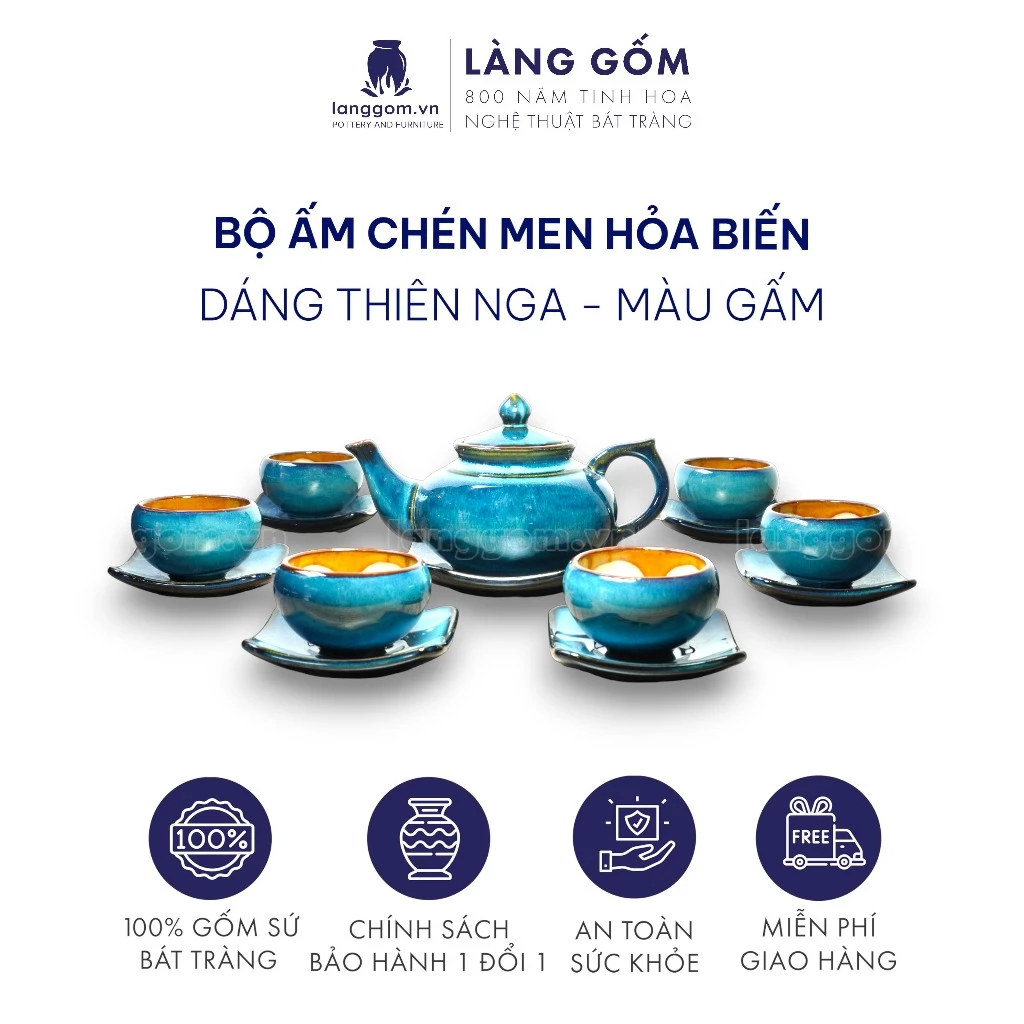 バッチャン高級陶器『窯変白鳥ティーセット』花模様カップ付き (M) - Làng Gốm