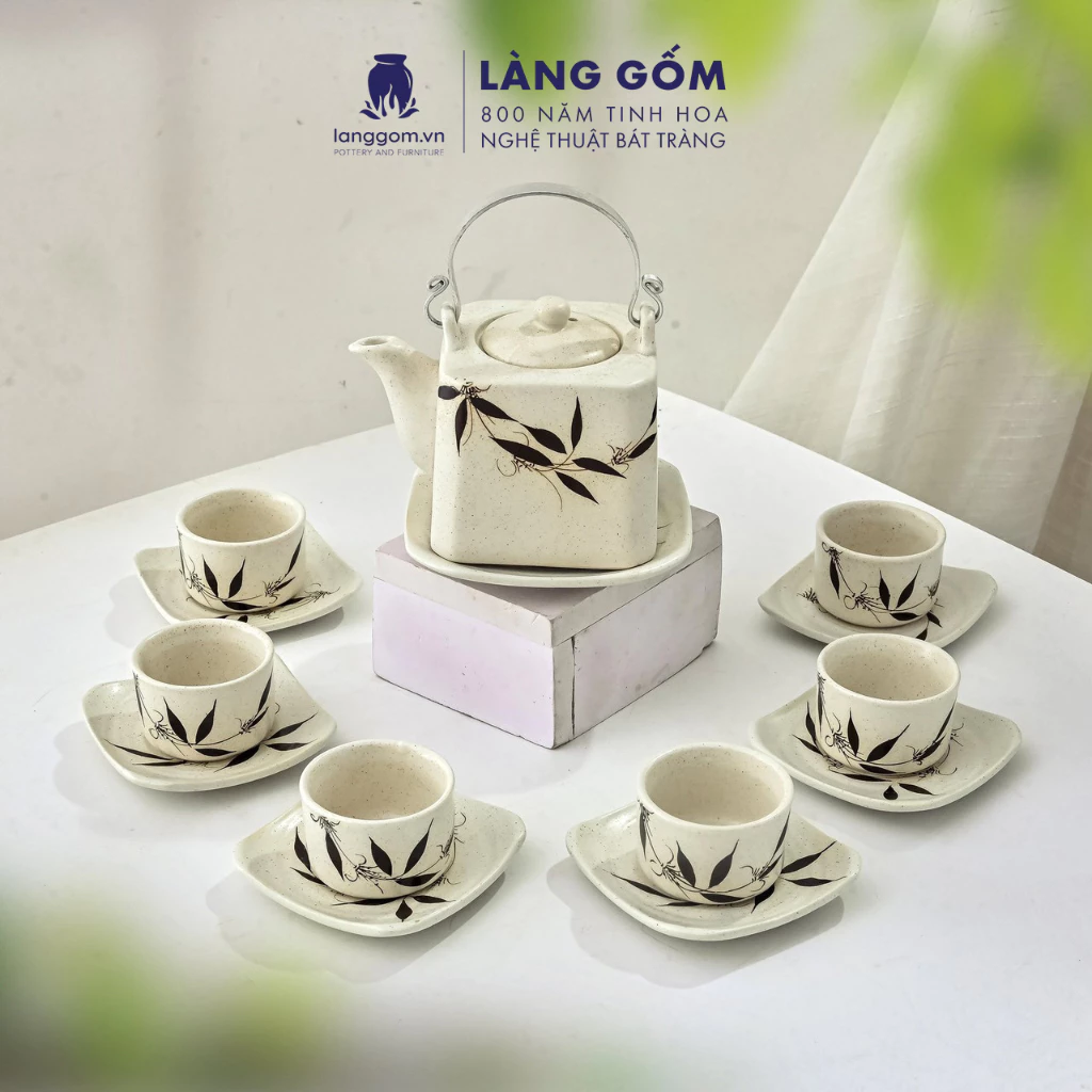 バッチャン高級手描き角型茶器セット 多彩な模様 340ml-470ml - LÀNG GỐM