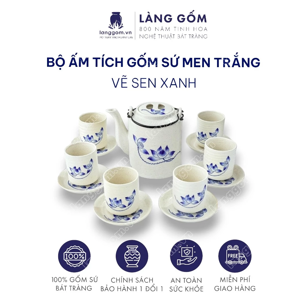 LÀNG GỐM バッチャン焼き手描き茶器セット - 火変釉急須＆湯呑 - 750ml, 1.0L, 1.5L