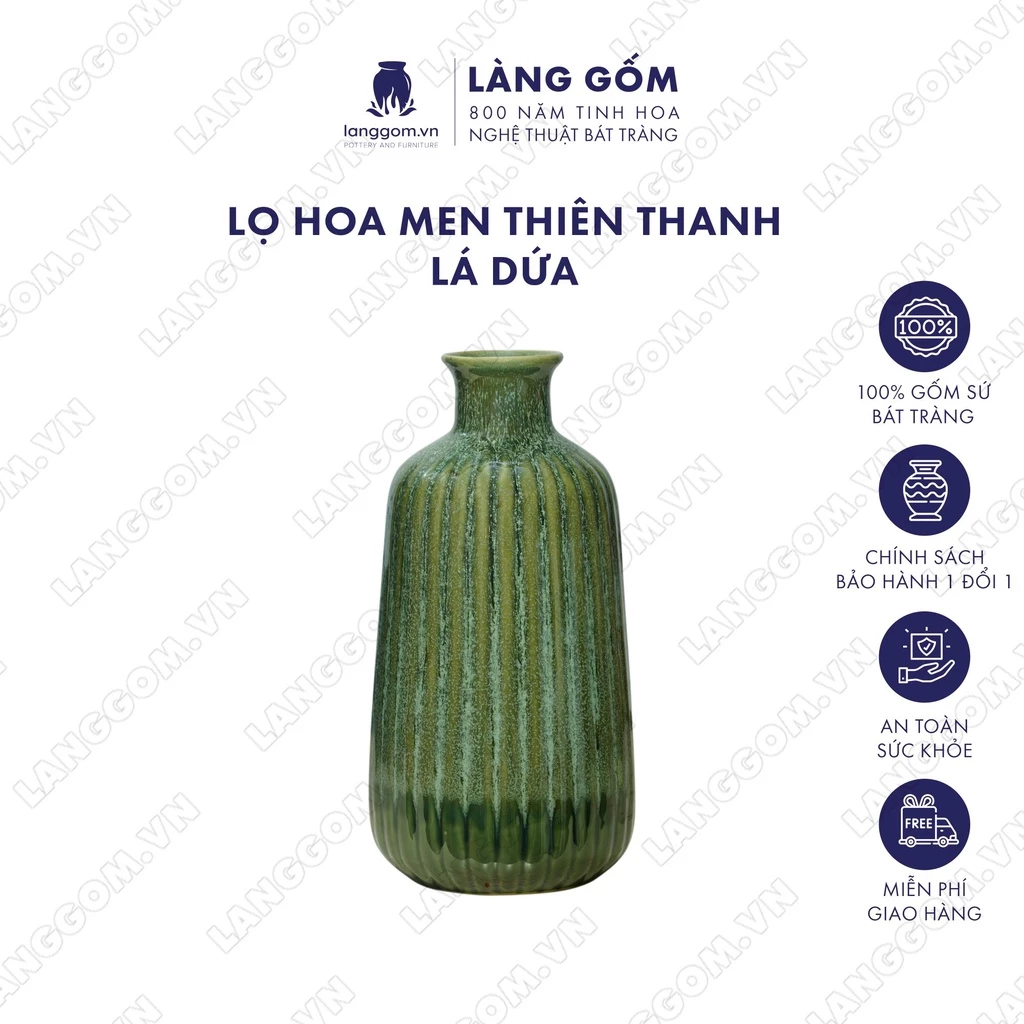 高級バッチャン焼き 窯変釉フラワーベース/花瓶 スカイブルー＆パンダンリーフ色 - Làng Gốm