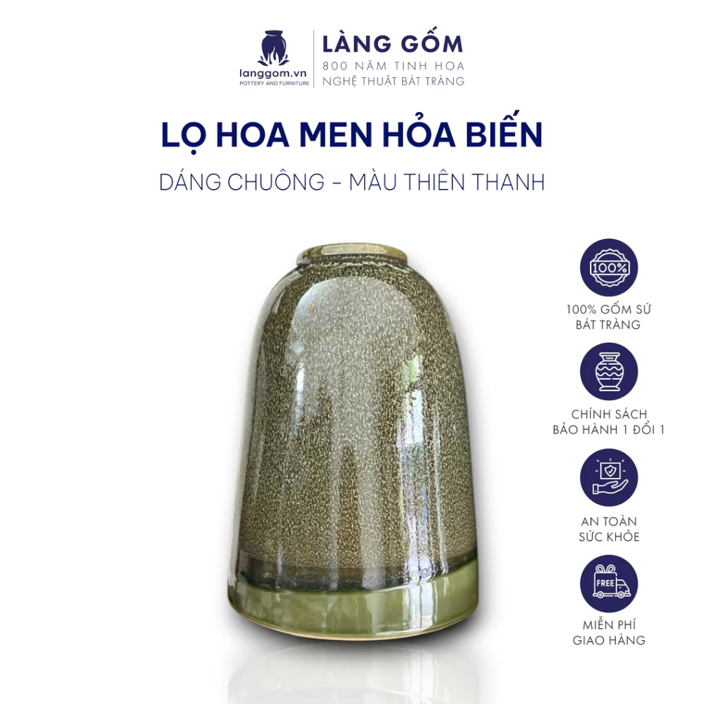 バッチャン焼き高級花瓶 窯変釉『天空の青』ベル型 - Làng Gốm - 贈答品・装飾用