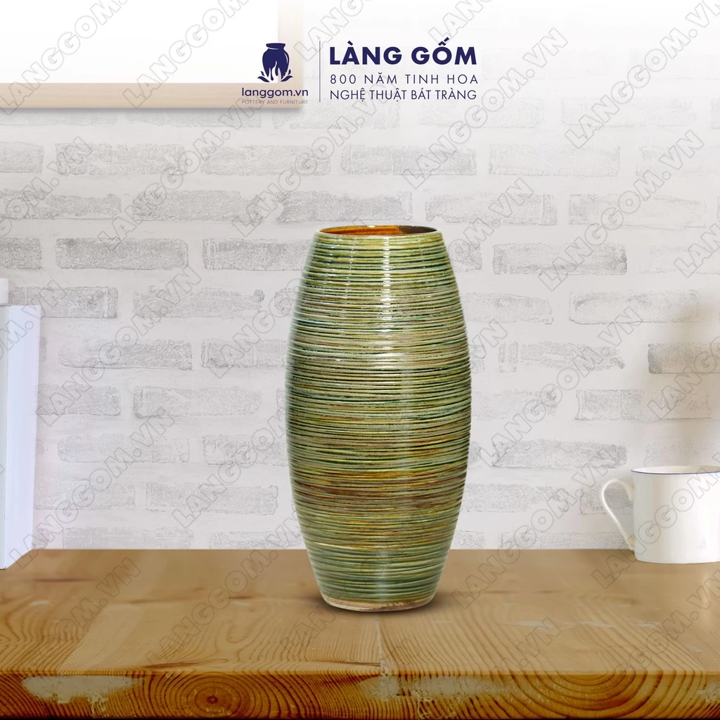 バッチャン焼き 高級窯変釉花瓶【Mộc khô色/大型ボンブ型】33cm | Làng Gốm (ギフト・装飾用)