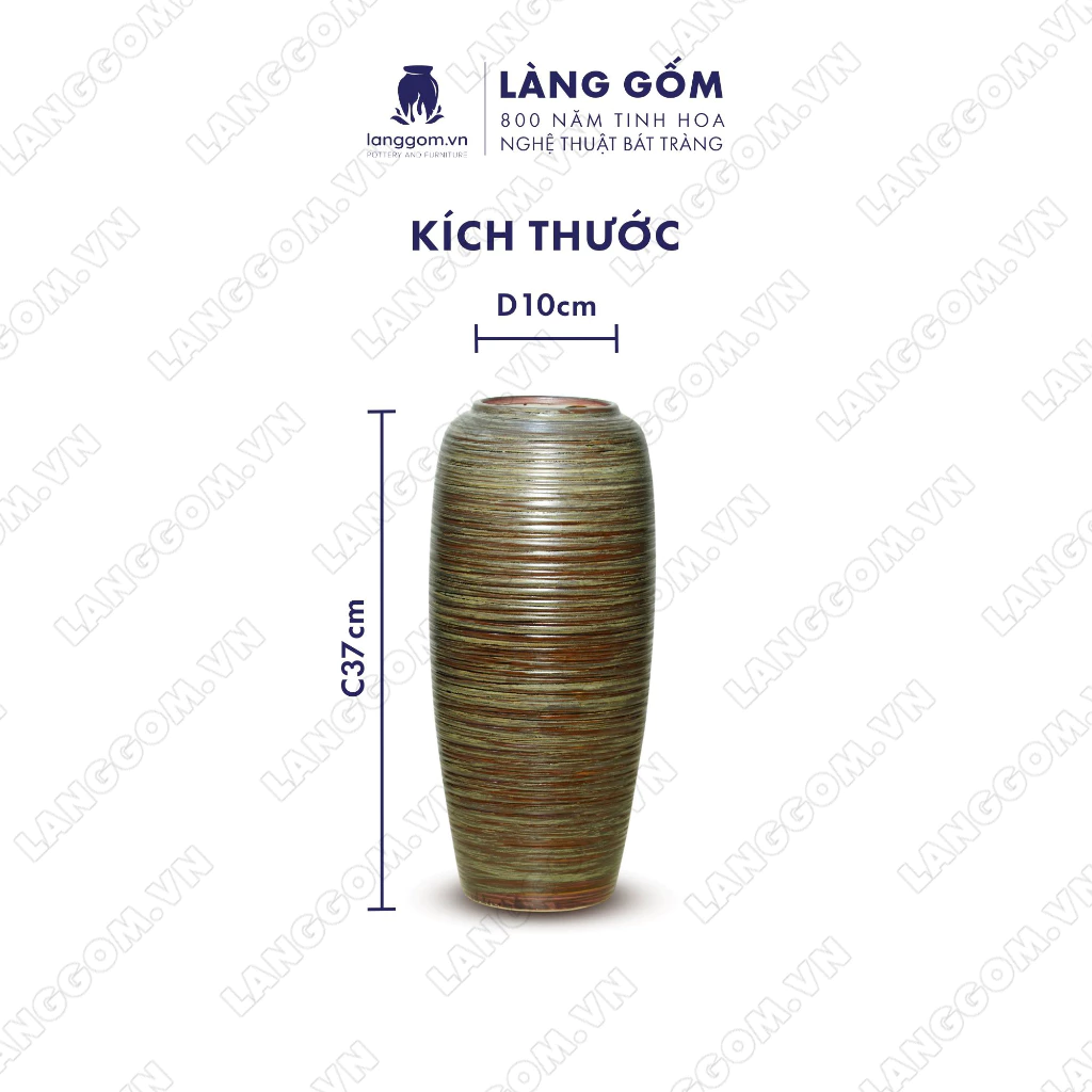 バッチャン焼 高級窯変釉花瓶 (木目調・黒ライン・スリム筒形) - Làng Gốm