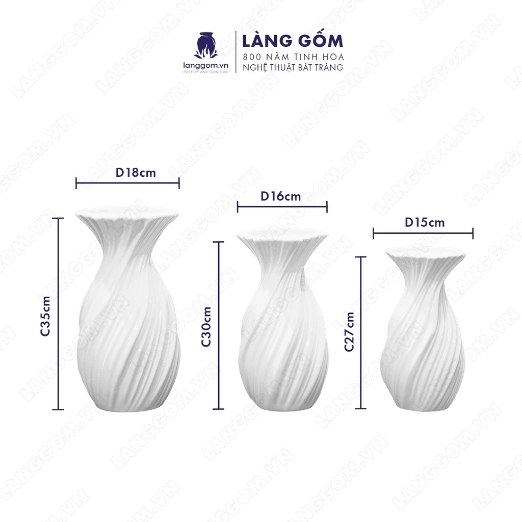 バッチャン焼き 高級白磁器 ねじりニンニク型花瓶 - LÀNG GỐM