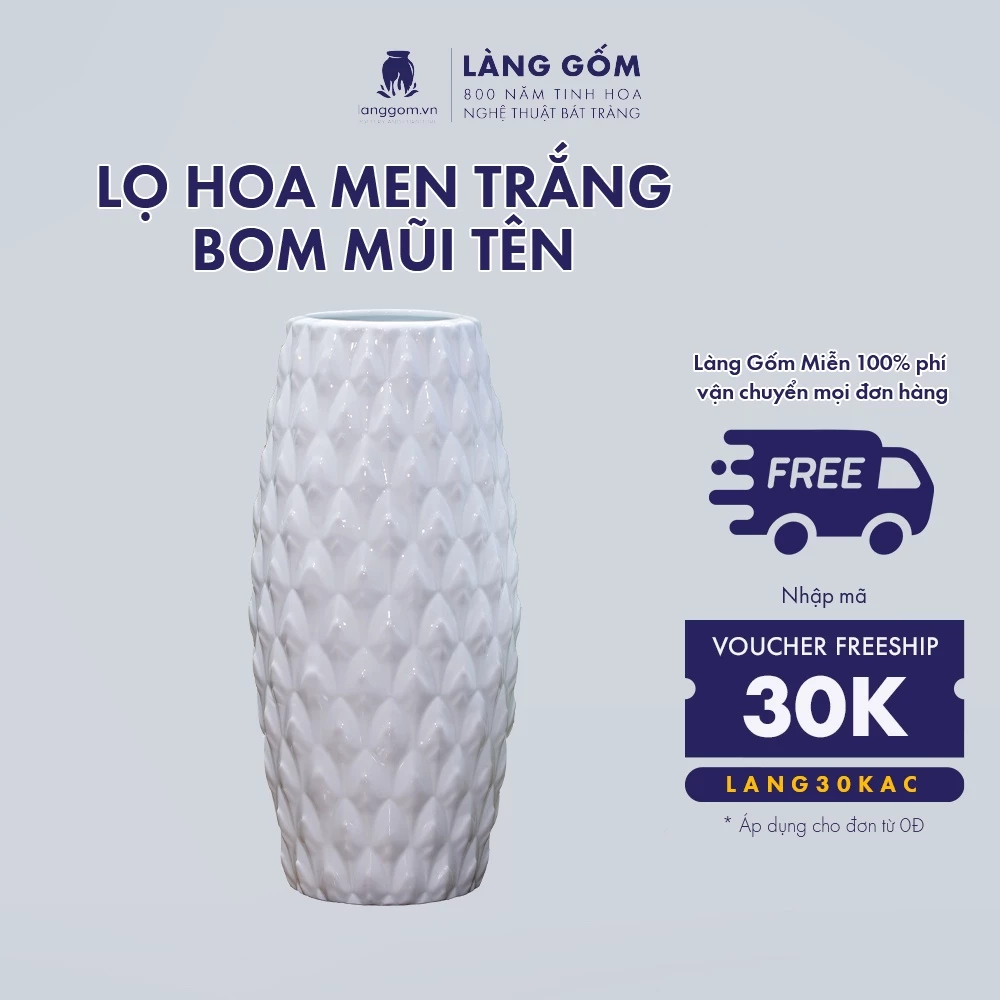 LÀNG GỐM バッチャン高級陶磁器 矢弾型 白釉装飾花瓶 卓上用