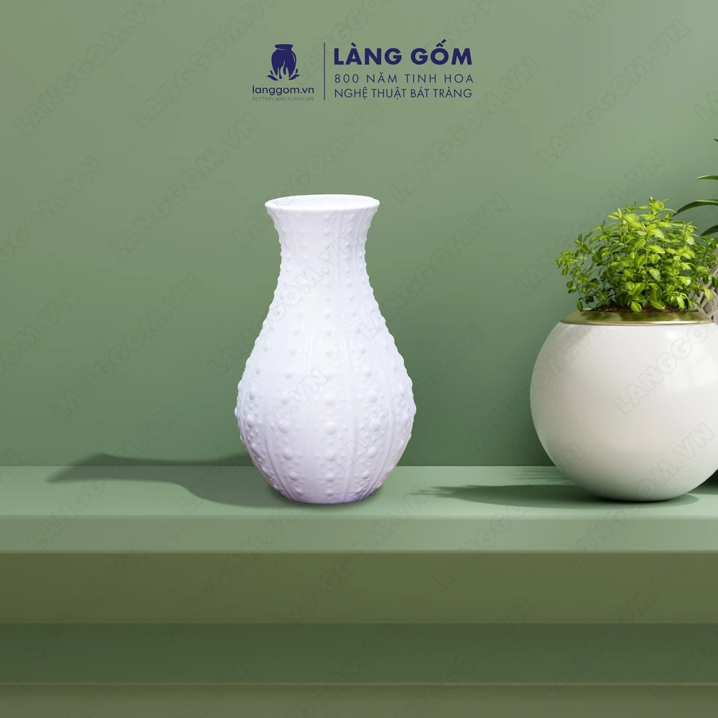 LÀNG GỐM 高級バッチャン焼き 白磁ストライプドット花瓶 (卓上装飾用)