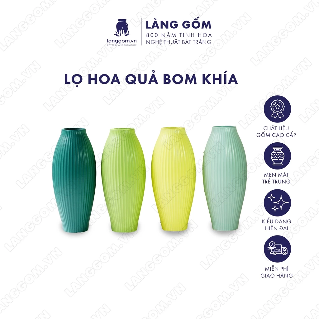 【LÀNG GỐM】バッチャン陶器製 ボム型リブデザイン 花瓶 – パステルカラー マット釉薬仕上げ モダンな卓上・リビング装飾に