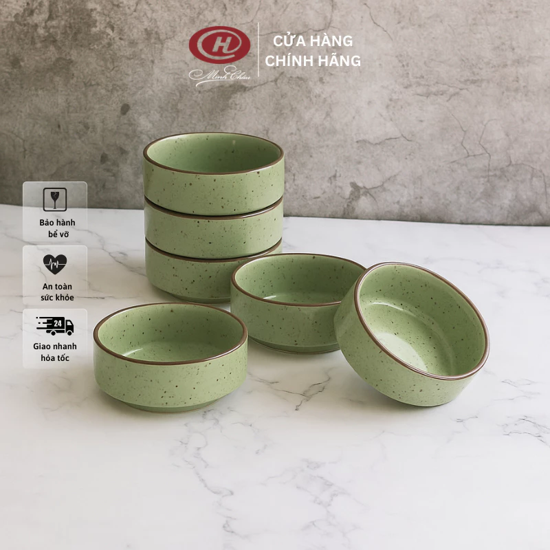 【Sứ Minh Châu製】和風斑点グリーン釉 11cm 飯碗・汁椀セット (6個/10個選べる) - ベトナム高品質セラミック食器