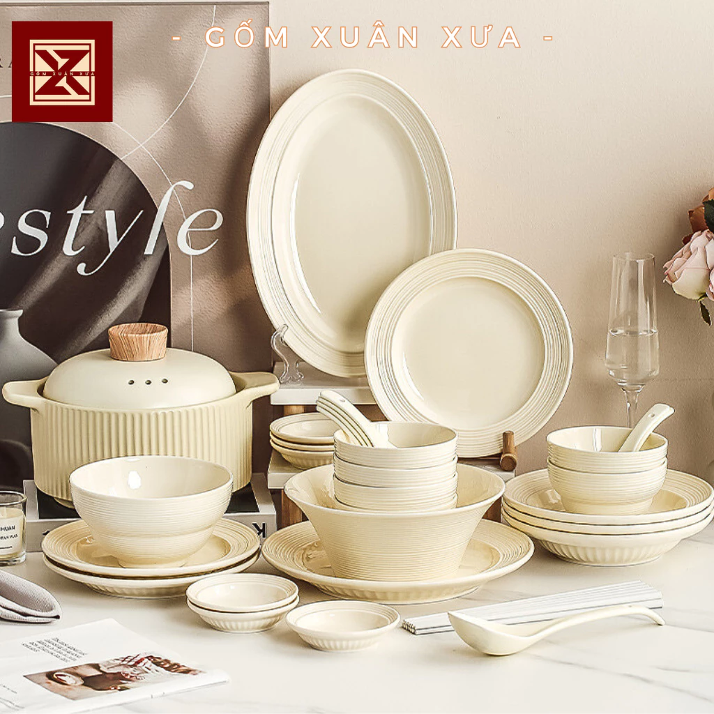 「GỐM XUÂN XƯA」北欧風クリームホワイト陶器食器セット (お皿・ボウル・ご飯茶碗)