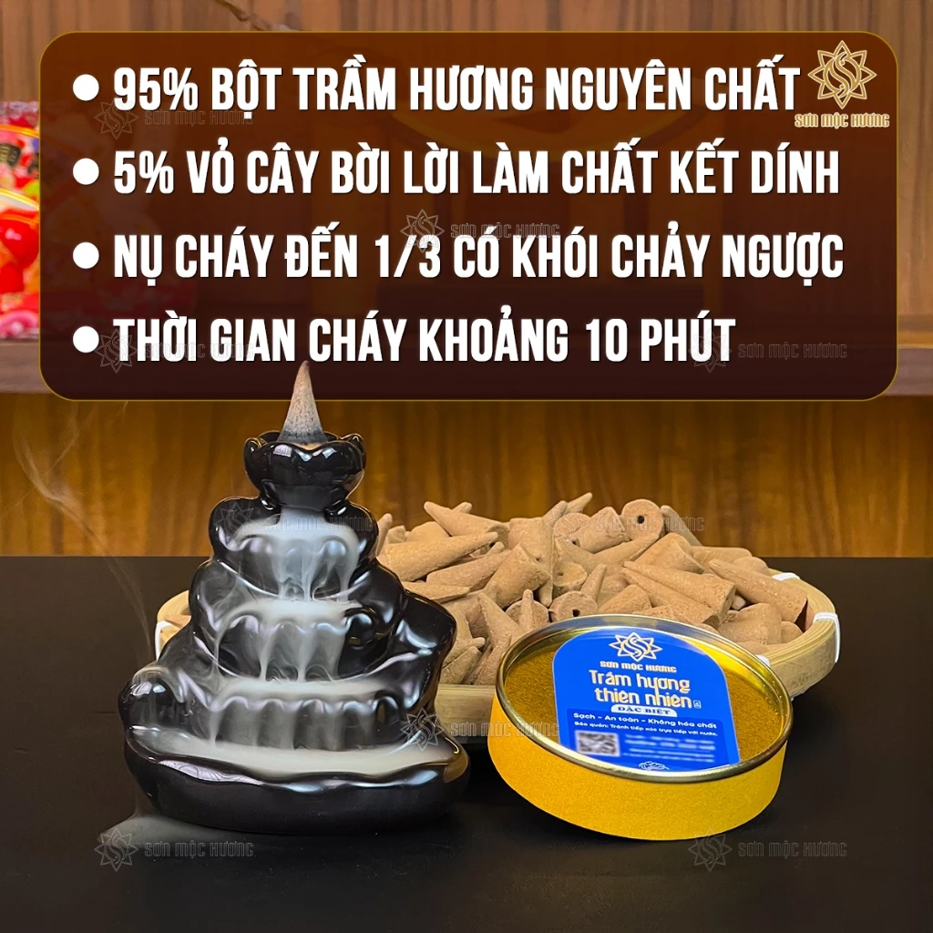Sơn Mộc Hương（ソン・モック・フオン）高級天然沈香コーンお香 逆流煙タイプ - 風水・空間浄化に 甘く清らかな香り
