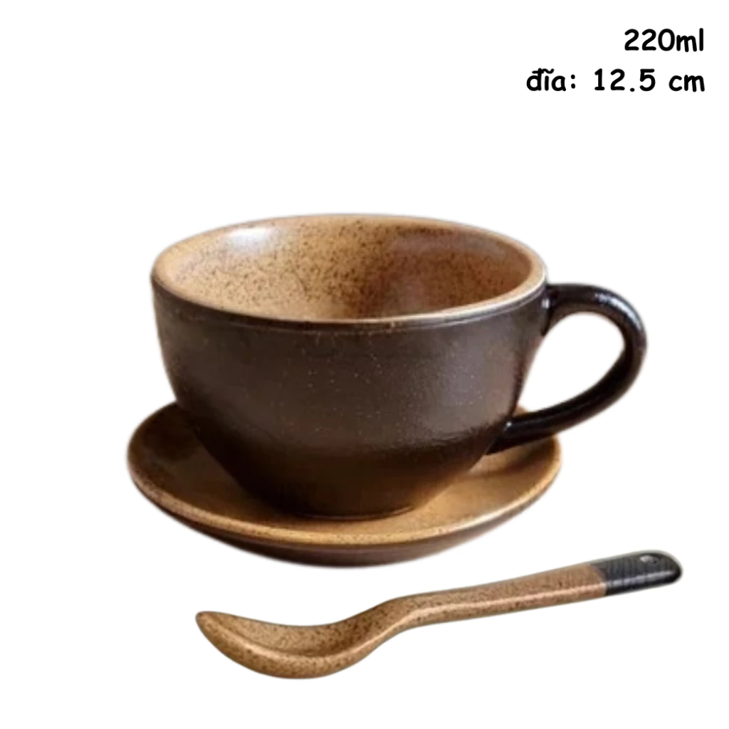 ベトナム バッチャン焼き 黒陶器 カップ＆ソーサー＆スプーンセット (220ml) | カプチーノ・エスプレッソ・お茶用『Cốc Bát』デザイン