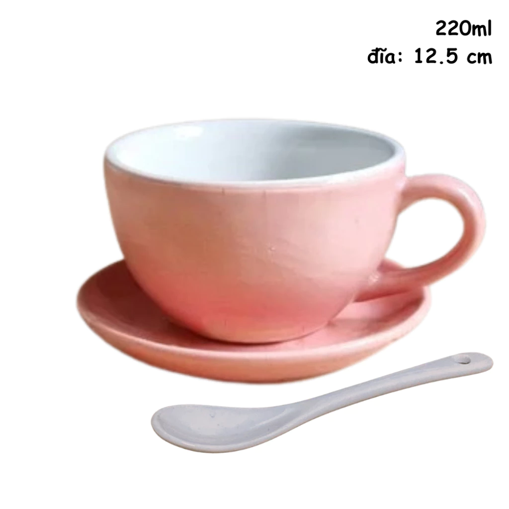 【バッチャン焼き】ピンク カップ＆ソーサー＆スプーンセット (220ml) - カプチーノ・エスプレッソ・お茶に「Cốc Bát」スタイル (手作り陶器)