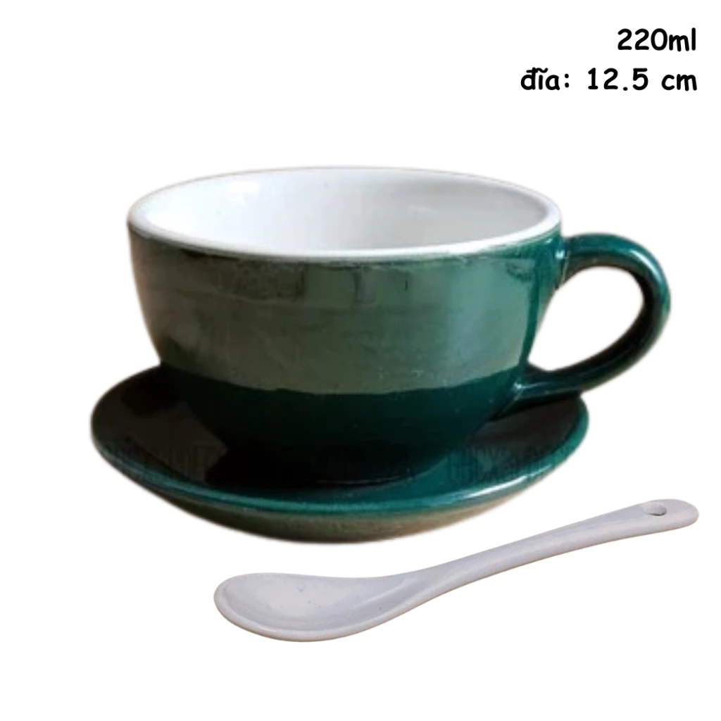 バッチャン焼き ティー・コーヒーカップ＆ソーサー＆スプーンセット 220ml 青緑色 - 『Cốc Bát』型デザイン (カプチーノ・エスプレッソ対応)