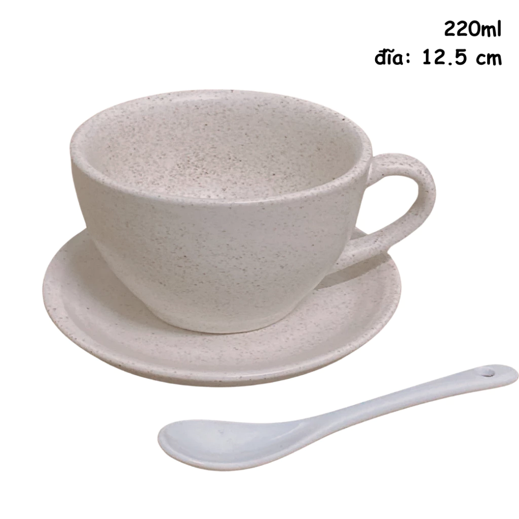 バッチャン焼き カップ＆ソーサー＆スプーンセット (220ml) 白 カプチーノ/エスプレッソ用「Cốc Bát」スタイル