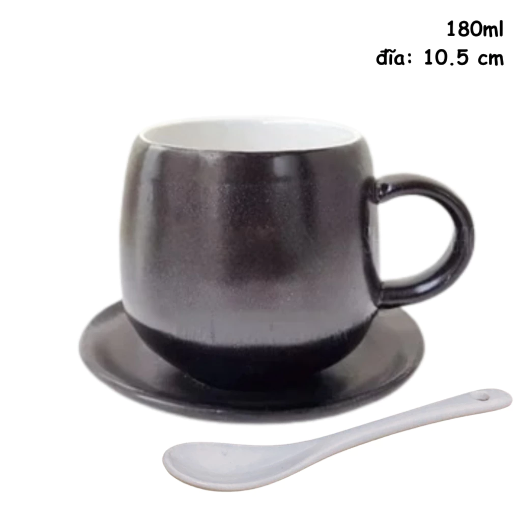 バッチャン焼き ティー＆コーヒーカップ＆ソーサー＆スプーンセット 180ml (黒白) – Đất Gốm Bát Tràng 「コックトンタップ」スタイル