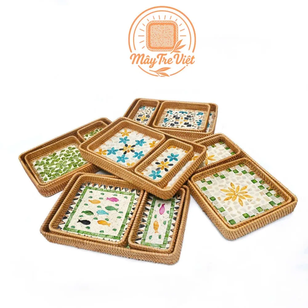 MÂY TRE VIỆT 螺鈿細工 ラタン・竹製 長方形トレイ 3点セット (S/M/L) - 食卓を彩る手作りベトナム雑貨