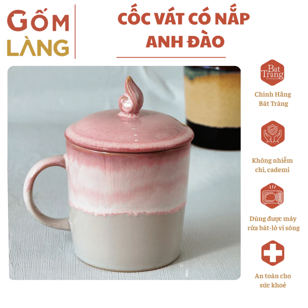 「Gốm Làng」バッチャン焼き 桜色炎変釉 蓋付き斜めマグカップ – オフィス用 高級陶器 健康安全