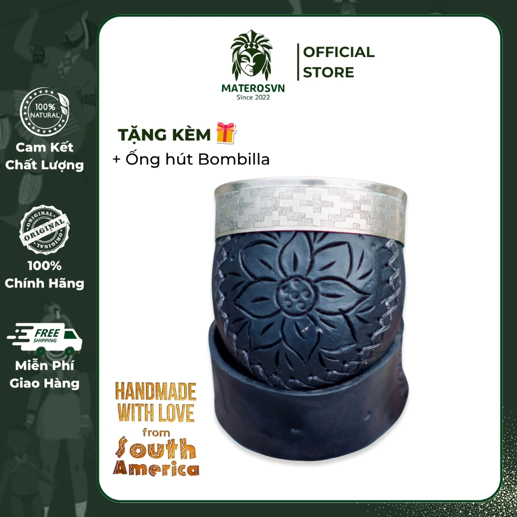 南米クラシック カリャバッシュ インペリアル カップ – 模様入りレザー、アルパカシルバー縁、取り外し可能ベース