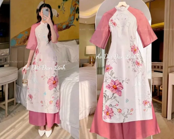ベトナム衣装 アオダイ ピンクのシルク袖が付いた長袖シャツ 2023年モデル Ao Dai Dan Linh