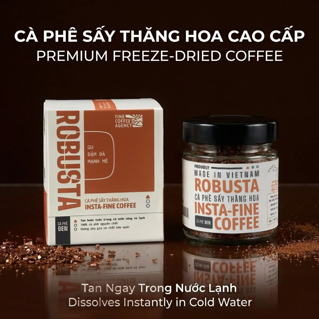 インスタントブラックコーヒー インスタファイン 100%厳選ロブスタ (コールドブリュー対応) – 濃厚な味わい、即座に覚醒