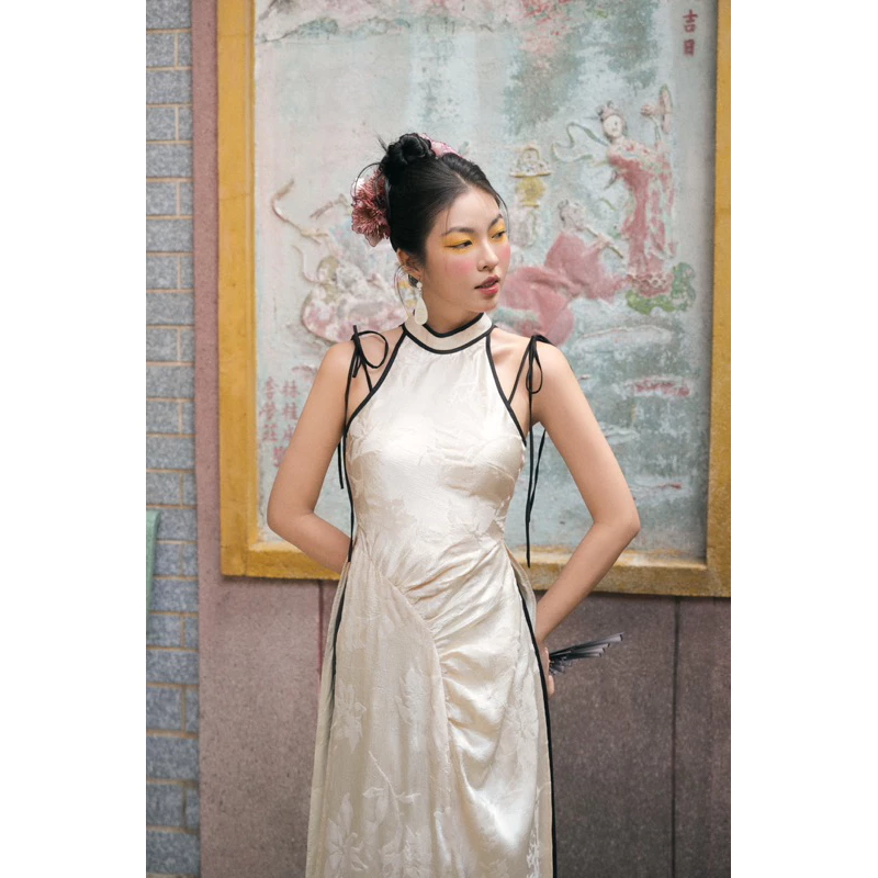 INTO.EIGHTデザイン シルク半袖ギャザーアオザイセット（ベージュ×黒）