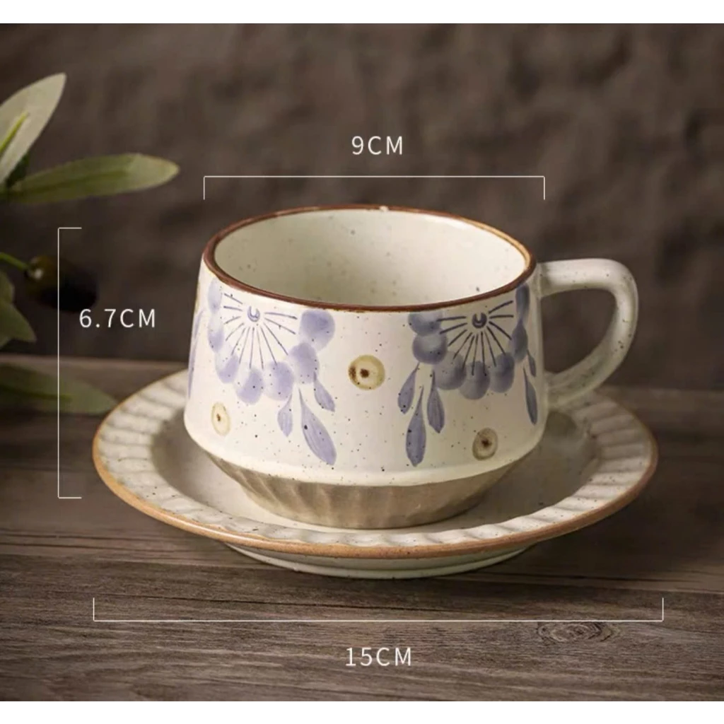 和風ヴィンテージ 自然モチーフ手描き 陶器コーヒーカップ＆ソーサー 300ml (LG0034) - 安定感抜群 おしゃれな空間を演出