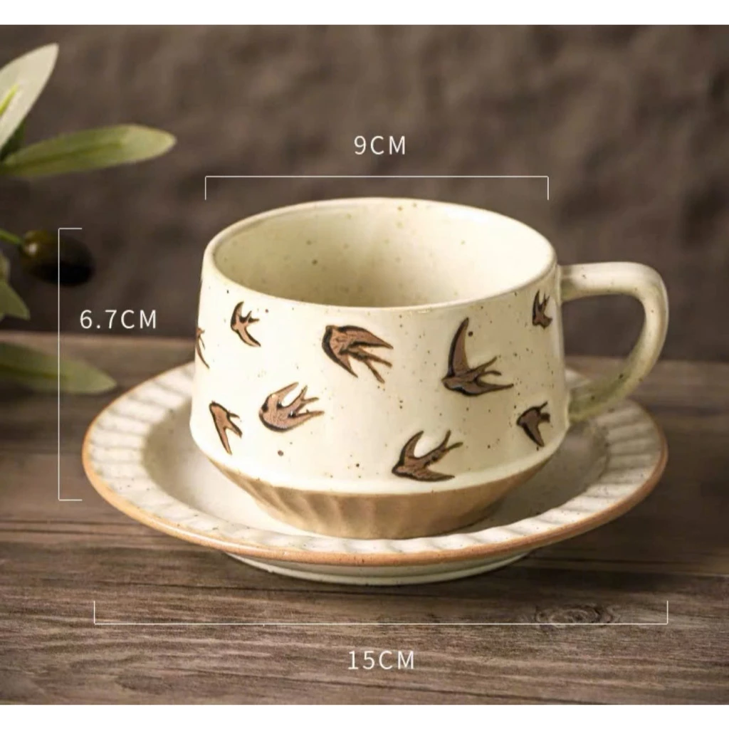 日本のヴィンテージ自然模様 300ml 陶器製コーヒーカップ＆ソーサー (モデルLG0028) – しっかり持てる、美しい装飾
