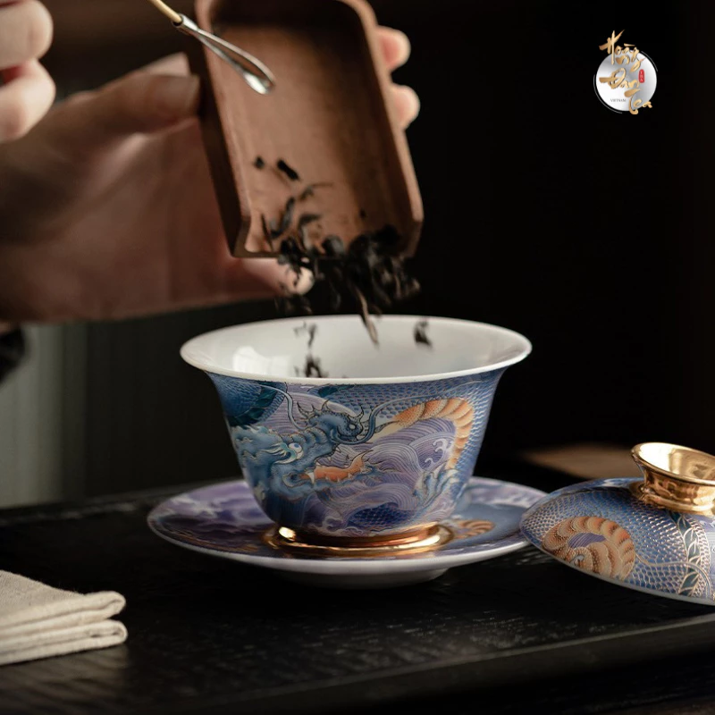 景徳鎮製 翡翠磁器 龍柄 蓋碗 茶器 130ml HOÀNG ĐAN TEA 茶道用マスターカップ 高級ギフトボックス付き