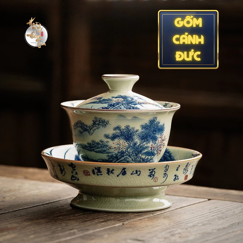 景徳鎮製 江山図 蓋碗茶器セット HOÀNG ĐAN TEA 164ml | 高級茶道ギフト | 主杯兼用
