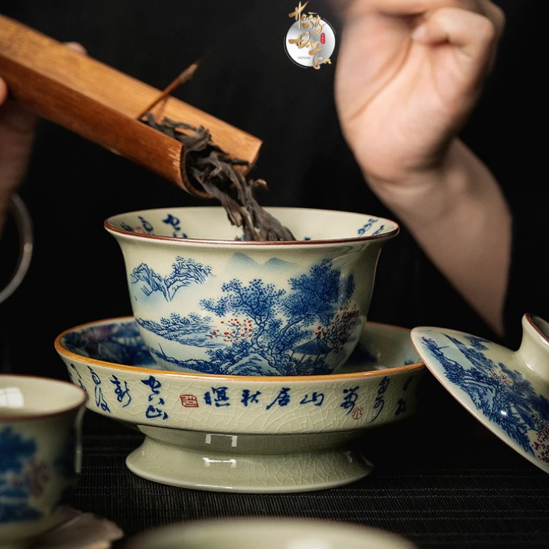 景徳鎮製 江山図 蓋碗茶器セット HOÀNG ĐAN TEA 164ml | 高級茶道ギフト | 主杯兼用