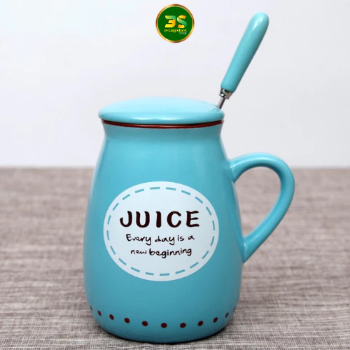 「ジュースグリーン」柄 蓋・スプーン付き 400ml クラシックデザイン セラミックマグカップ/ティーカップ