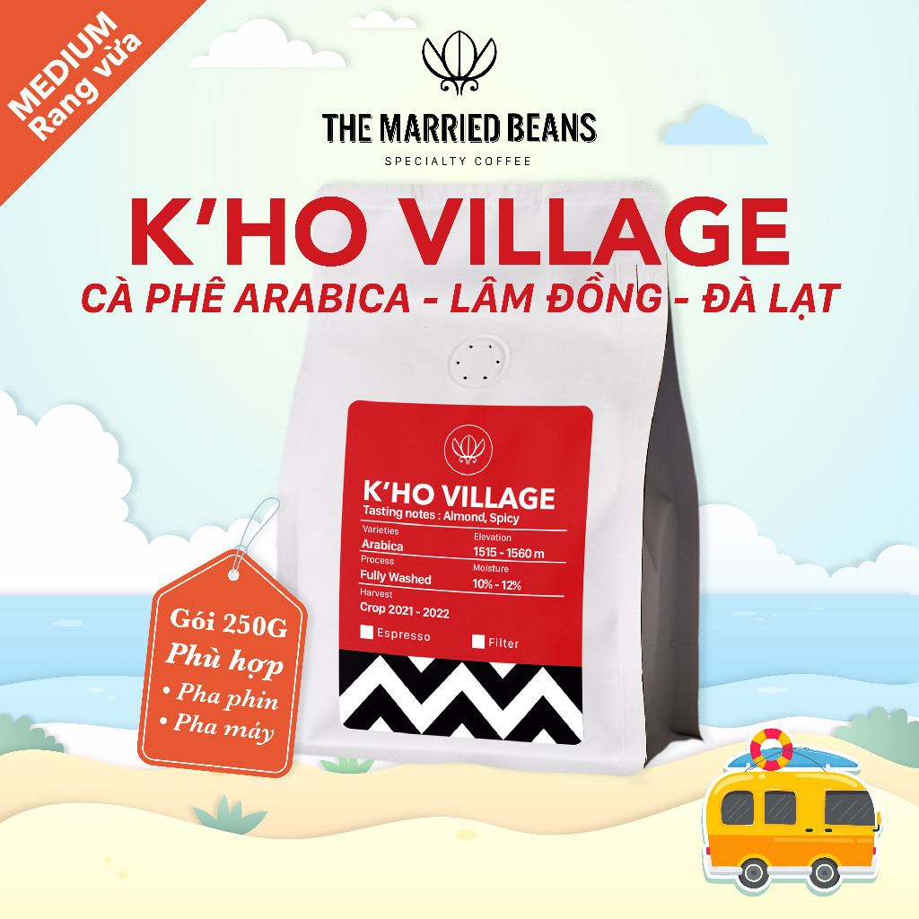 K'Ho Village 100% アラビカ種ロースト スペシャルティ コーヒー、ミディアム ロースト (エスプレッソ、フィルター) THE MARRIED BEANS (250gr 袋) - 丸ごと豆