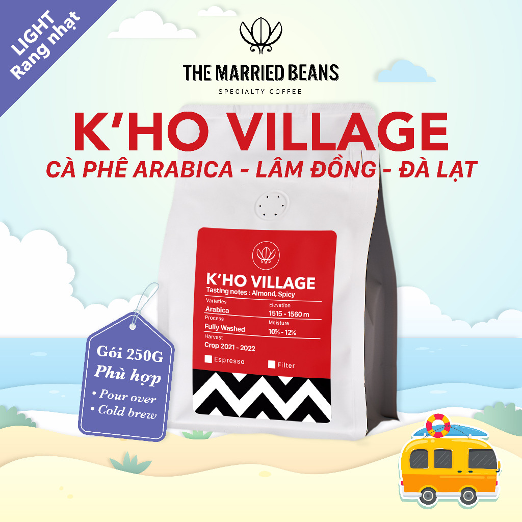 K'Ho Village 100% アラビカ種ロースト スペシャルティ コーヒー、浅煎り (注ぎ、水出し) ザ マリード ビーンズ (250gr 袋) - 丸ごと豆