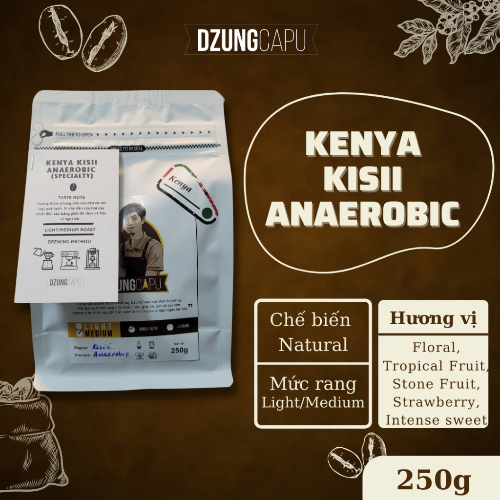 Kenya Kisii AA Coffee - 嫌気処理 - 250gパック - DzungCapu スペシャルティコーヒー - 浅煎り - 丸ごと豆