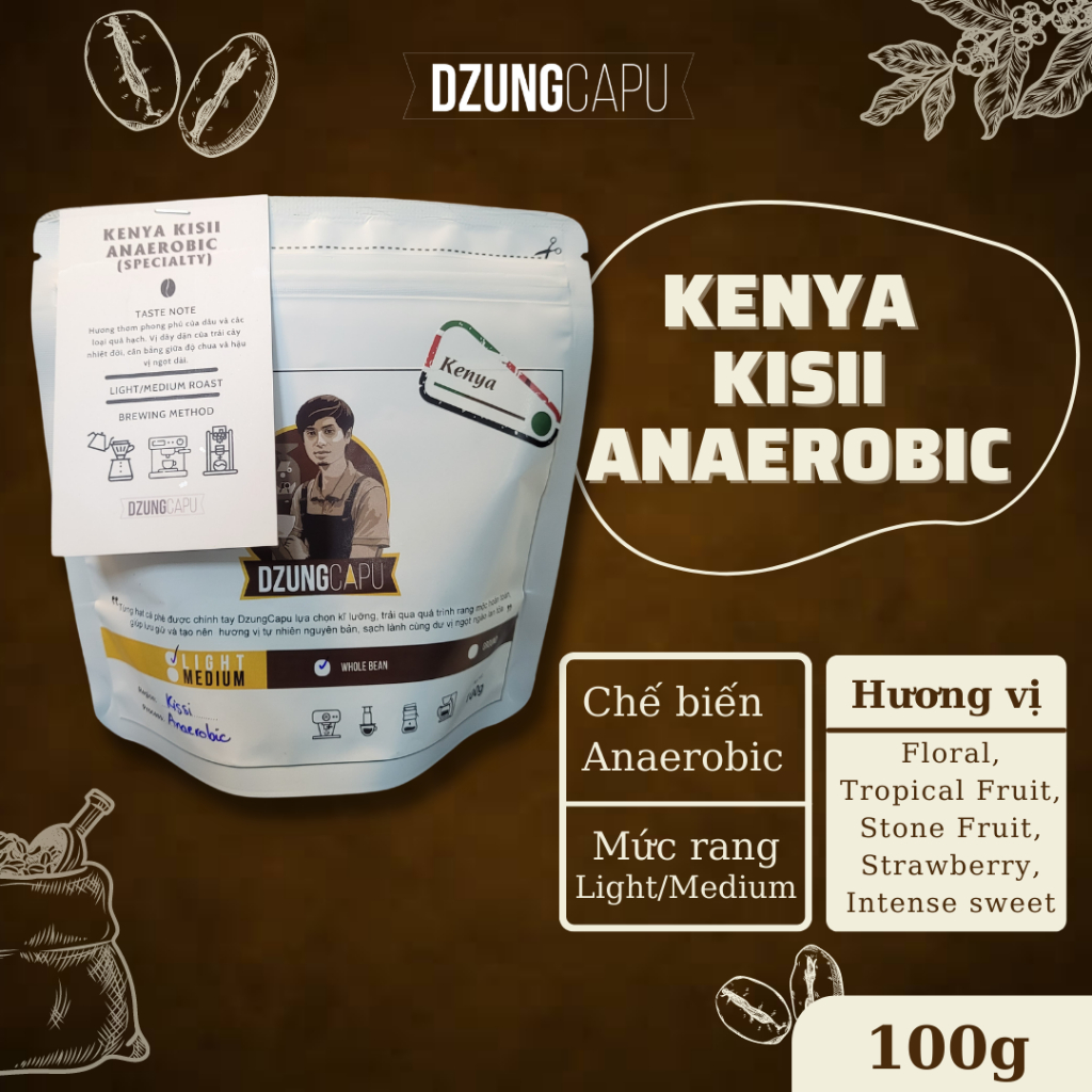 Kenya Kisii AA Coffee - 嫌気性調製 - 100g パック - DzungCapu スペシャルティ コーヒー - 浅煎り - 粉砕