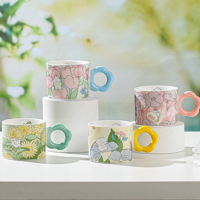 インチ花とウサギの韓国スタイル セラミック カップ 400 ml - かわいいセラミック カップ - イエロー
」