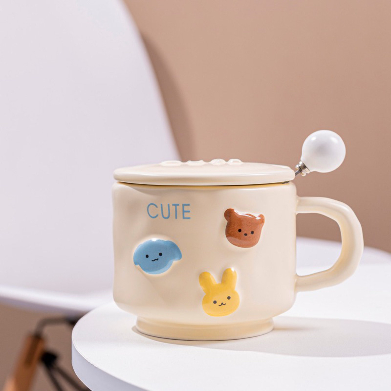 かわいいセラミックカップ 韓国スタイル イエロー色 蓋とスプーン付き 400ml