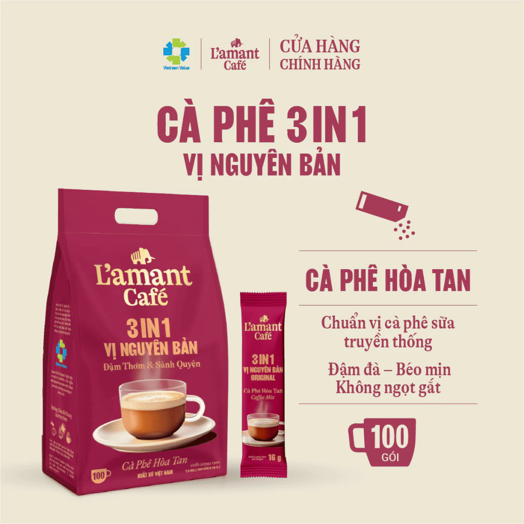 インスタントコーヒー 3in1 オリジナルフレーバー L’amant Café – 濃厚、なめらか – 100袋入り大容量パック