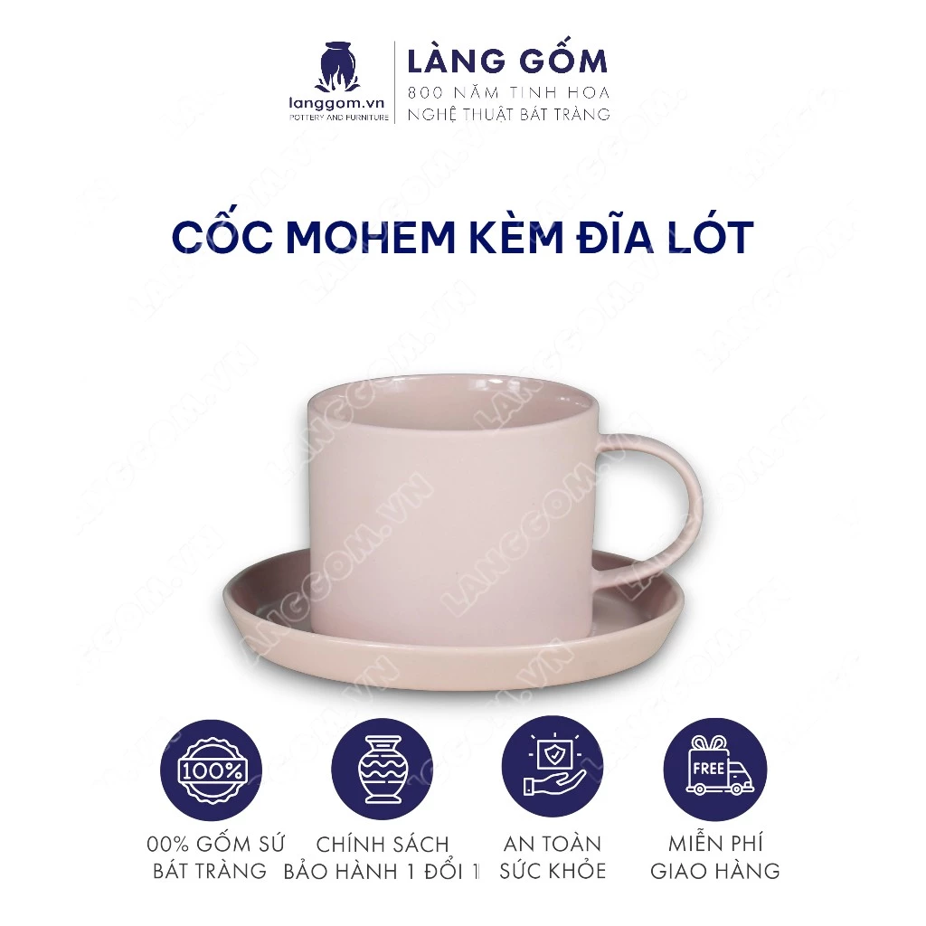 バッチャン焼 LÀNG GÔM モダンマット釉 取っ手付き陶器カップ＆ソーサーセット【輸出仕様】