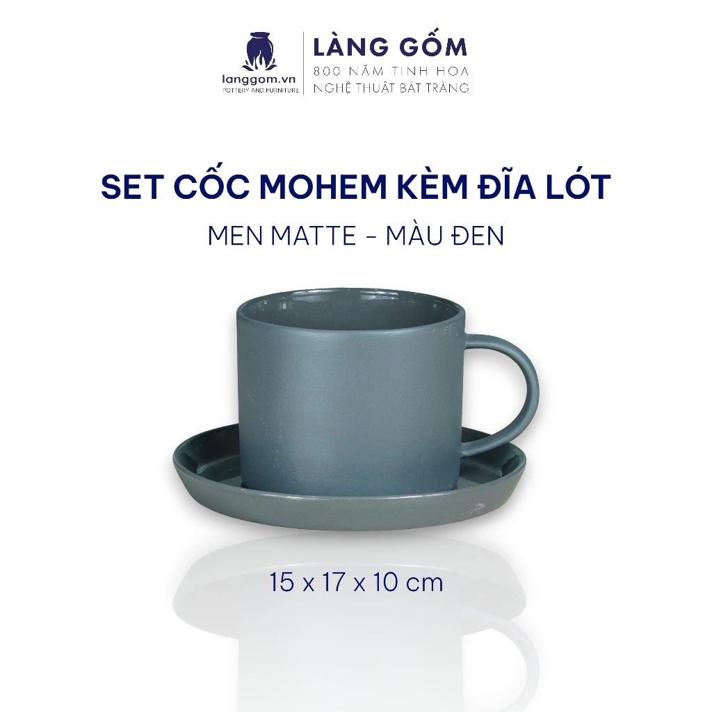 バッチャン焼 LÀNG GÔM モダンマット釉 取っ手付き陶器カップ＆ソーサーセット【輸出仕様】