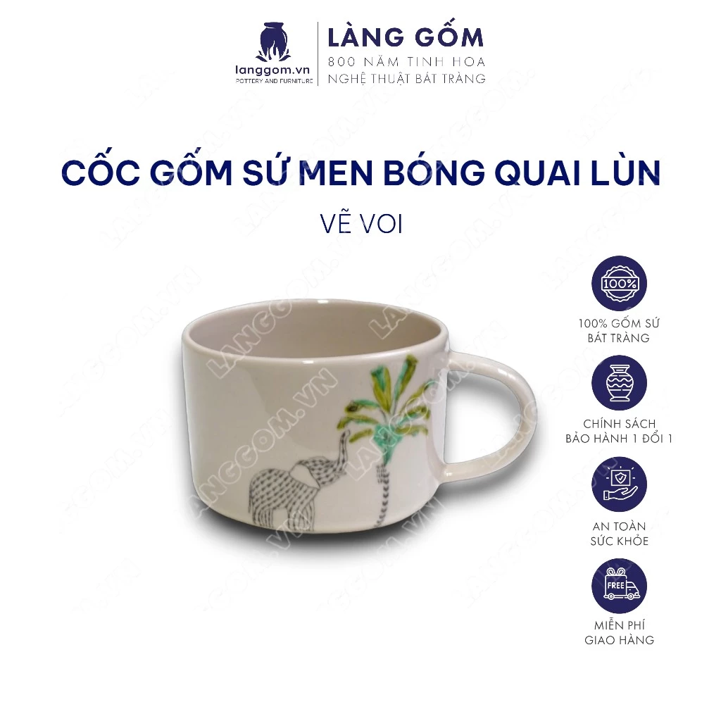 LÀNG GÔM」バッチャン焼 高級手描きマグカップ 象・葉柄 光沢釉薬仕上げ 200-350ml セラミックコップ