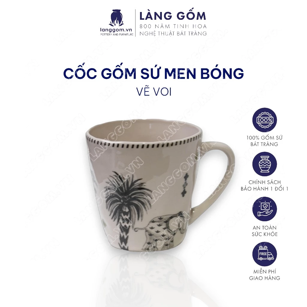 LÀNG GÔM」バッチャン焼 高級手描きマグカップ 象・葉柄 光沢釉薬仕上げ 200-350ml セラミックコップ
