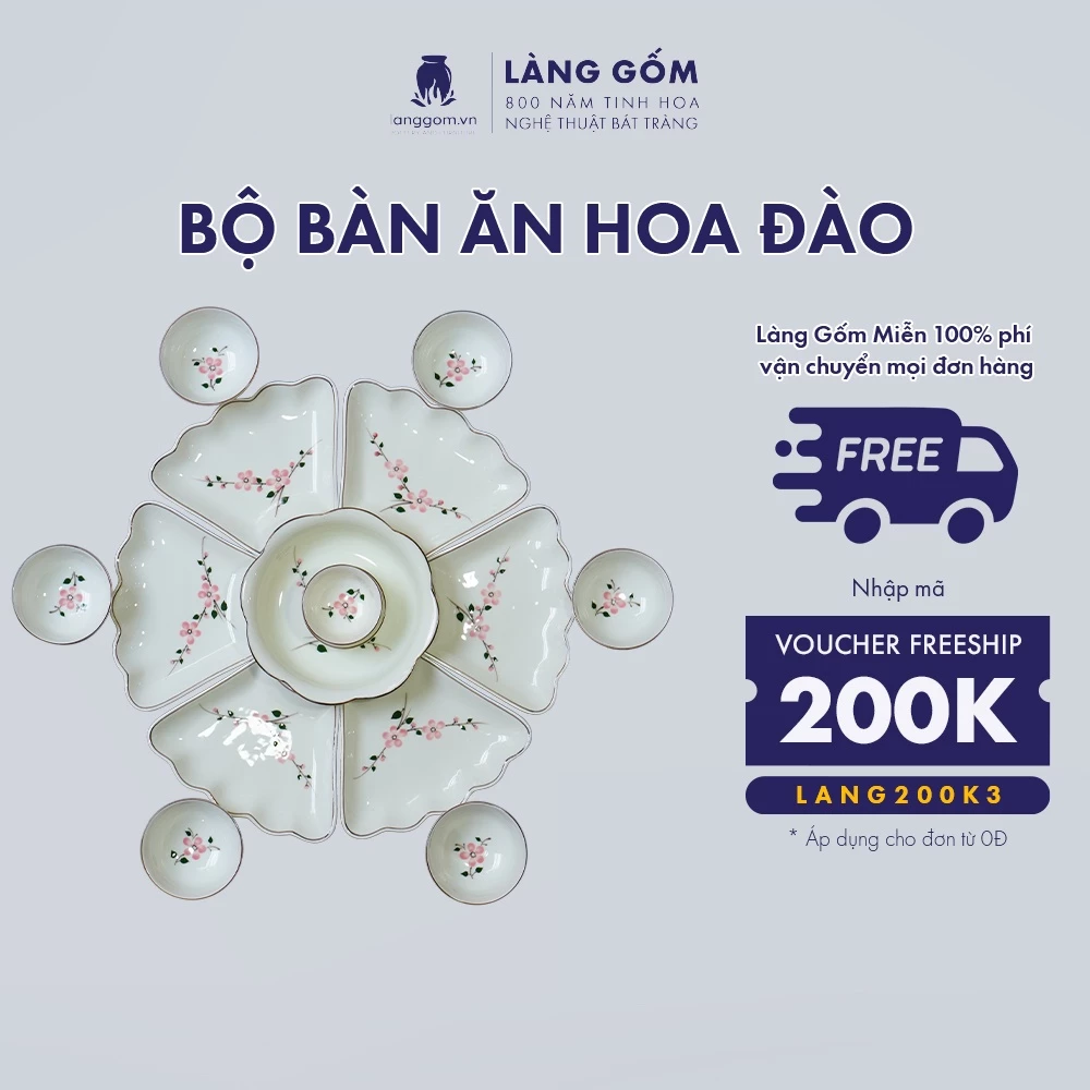 「LÀNG GỐM」バッチャン高級陶磁器<br>クリーム釉薬 桃の花手描き<br>ひまわり型食器セット