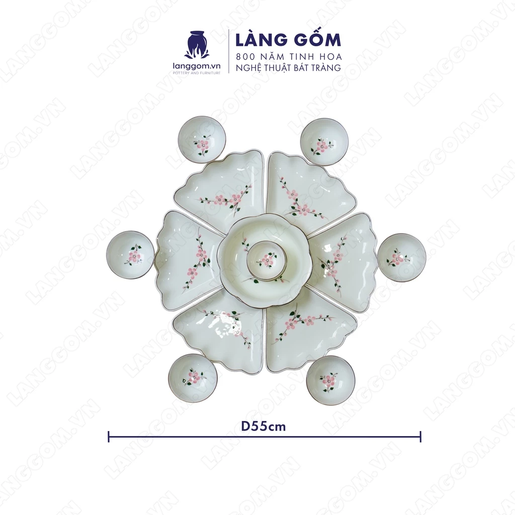 「LÀNG GỐM」バッチャン高級陶磁器<br>クリーム釉薬 桃の花手描き<br>ひまわり型食器セット