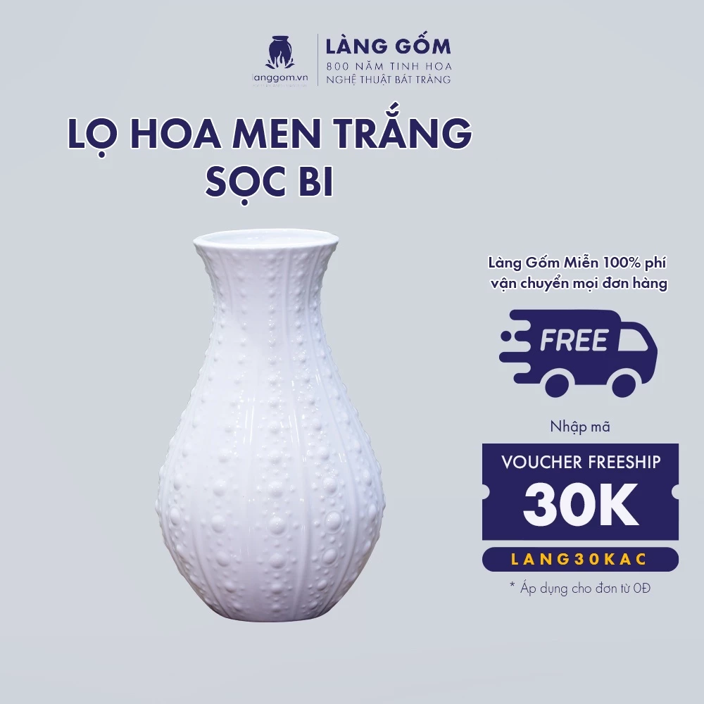 LÀNG GÔM ベトナム高級バッチャン焼花瓶 ドットストライプ 白釉 卓上装飾