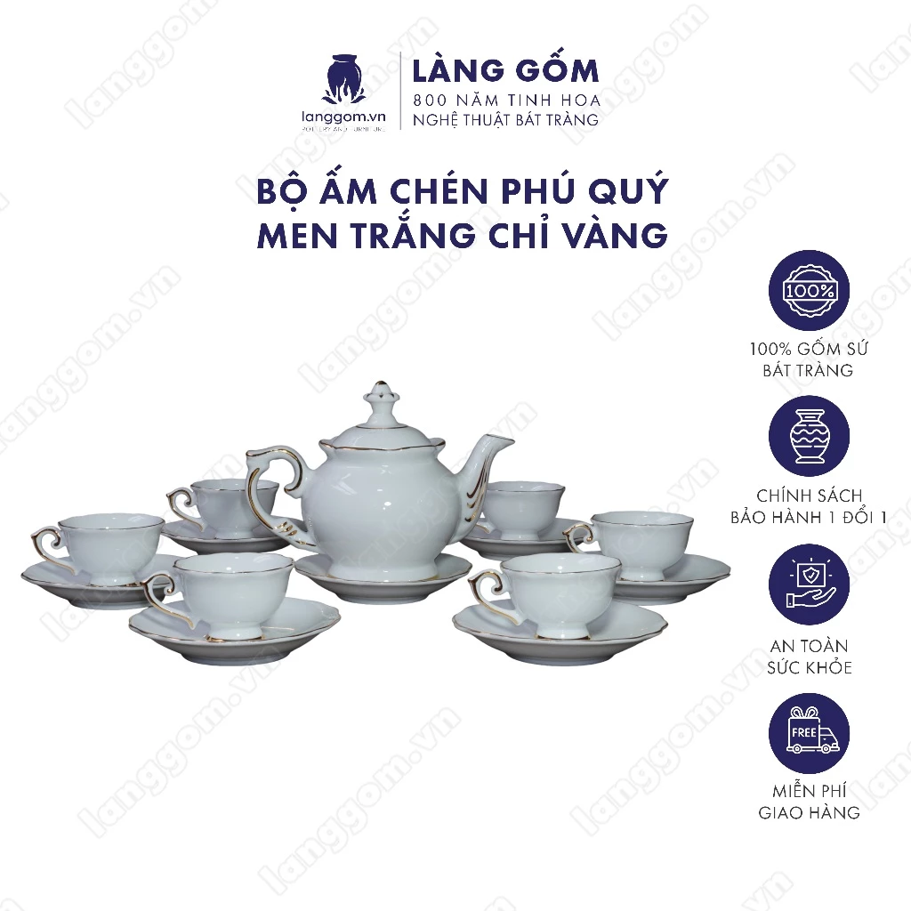 LÀNG GÔM謹製 バッチャン焼き 高級白磁金彩茶器セット『富貴』 - ベトナム伝統工芸品