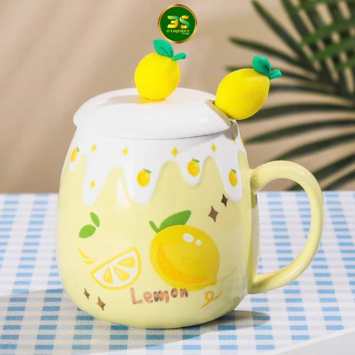 【400ml】爽やかレモン柄 セラミックマグカップ 蓋・レモンスプーン付き